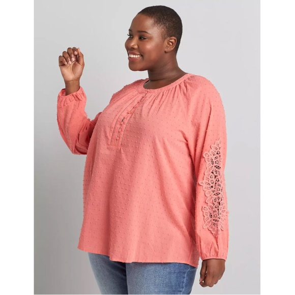 LANE BRYANT Coral Swiss dot peasant top - Picture 1 of 10